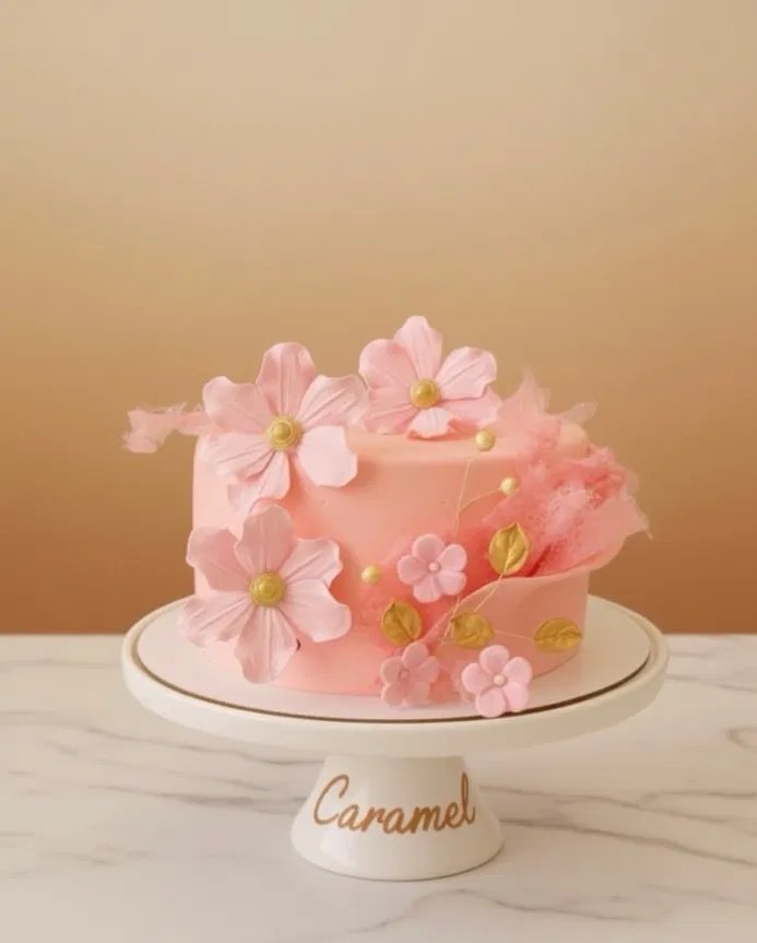 Gâteau Caramel rose décoré de fleurs